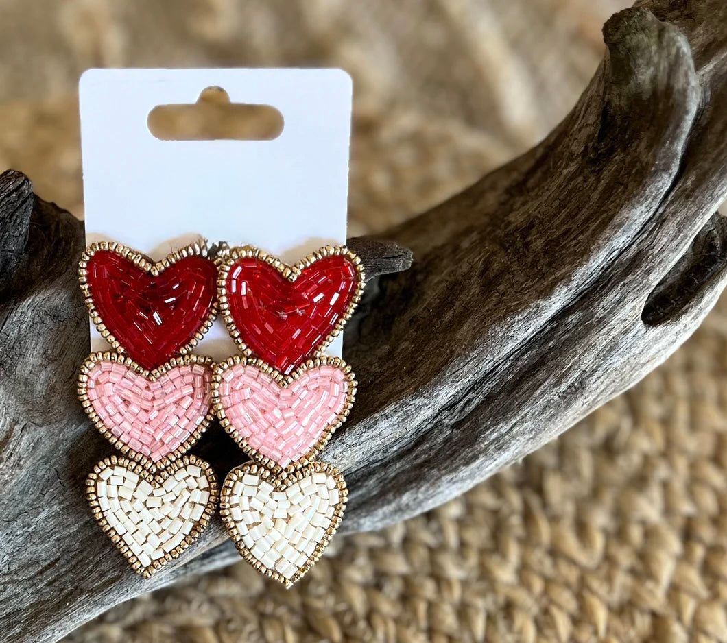 Triple Hearts Seed Bead Earrings