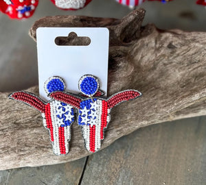 Patriotic Red White Blue Bull Earrings