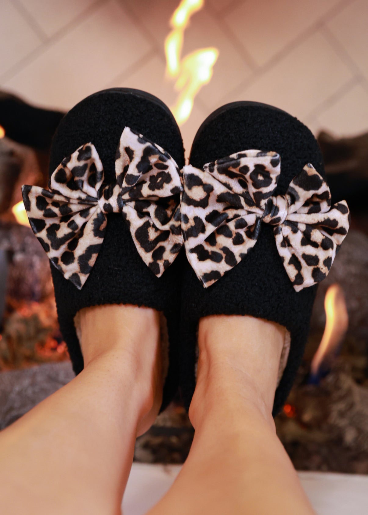 PREORDER-Cozy Bow Slippers- Black/Leopard (Closing orders Friday 9/19 @ 8 PM CST)