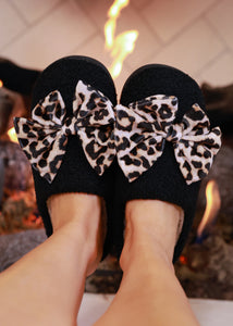 PREORDER-Cozy Bow Slippers- Black/Leopard (Closing orders Friday 9/19 @ 8 PM CST)
