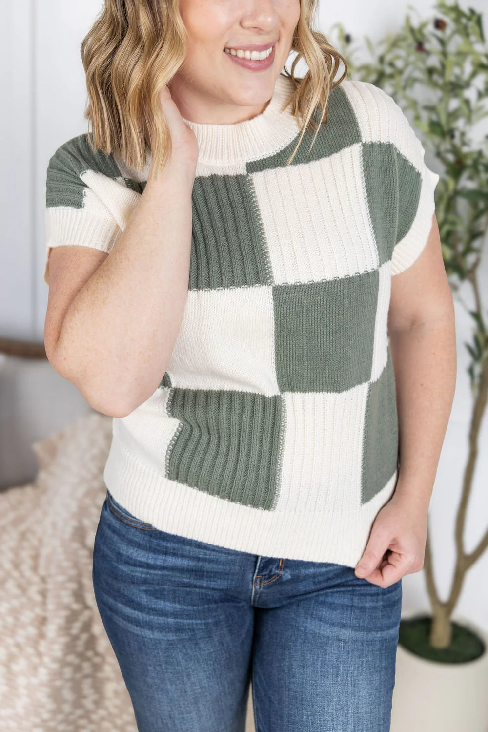 Checkered Sweater Top - Sage