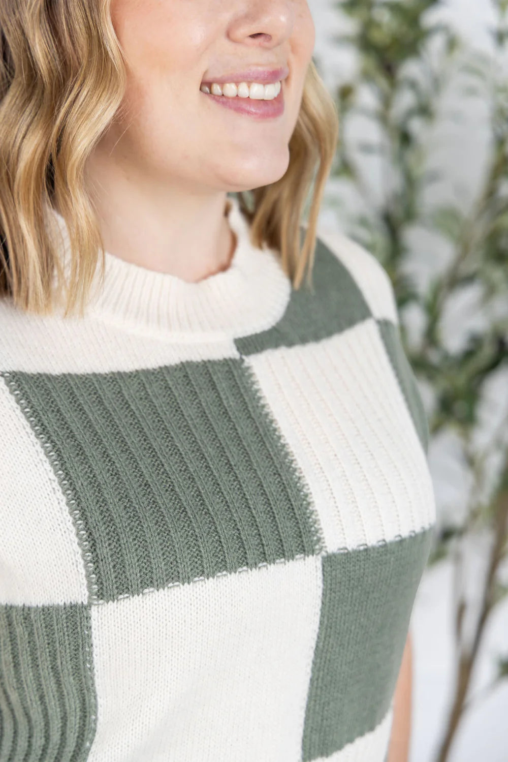 Checkered Sweater Top - Sage