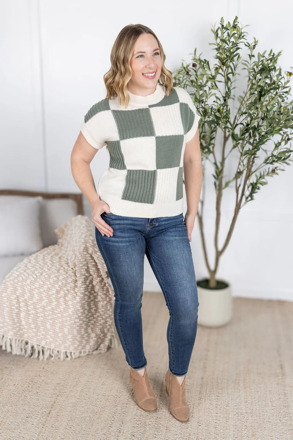 Checkered Sweater Top - Sage