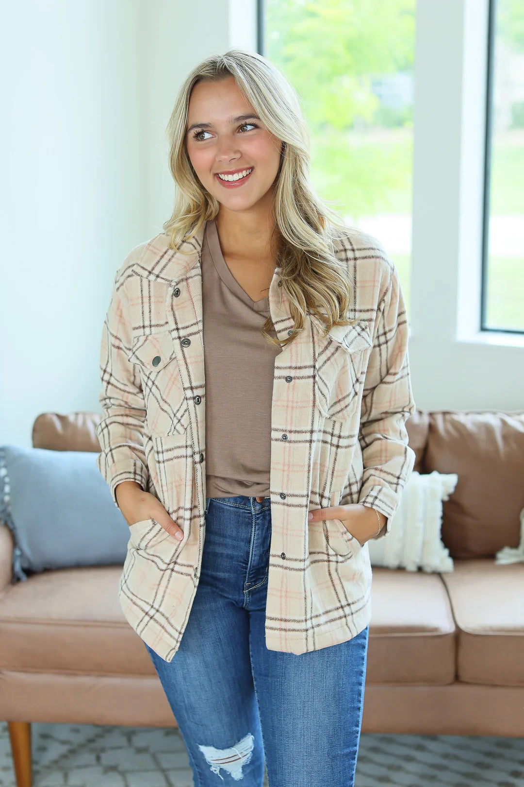 Norah Plaid Shacket - Light Tan and Pink