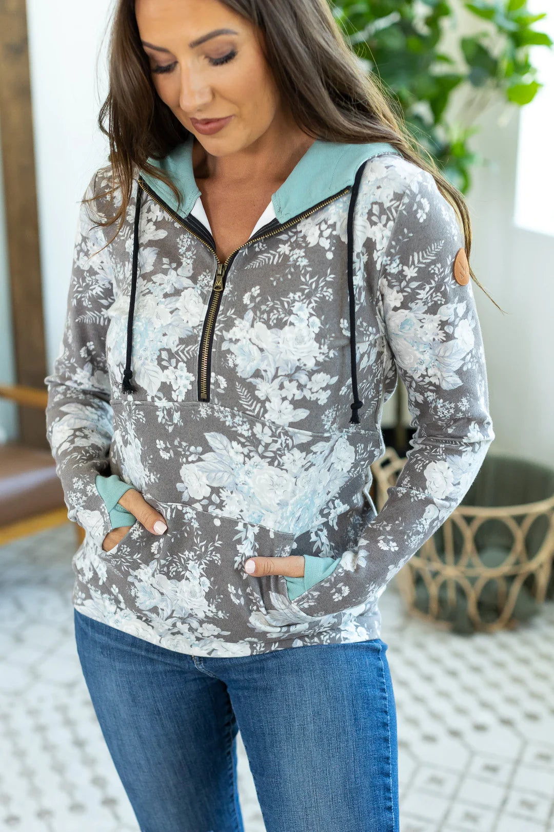 Classic Halfzip Hoodie - Dusty Blue and Grey Floral