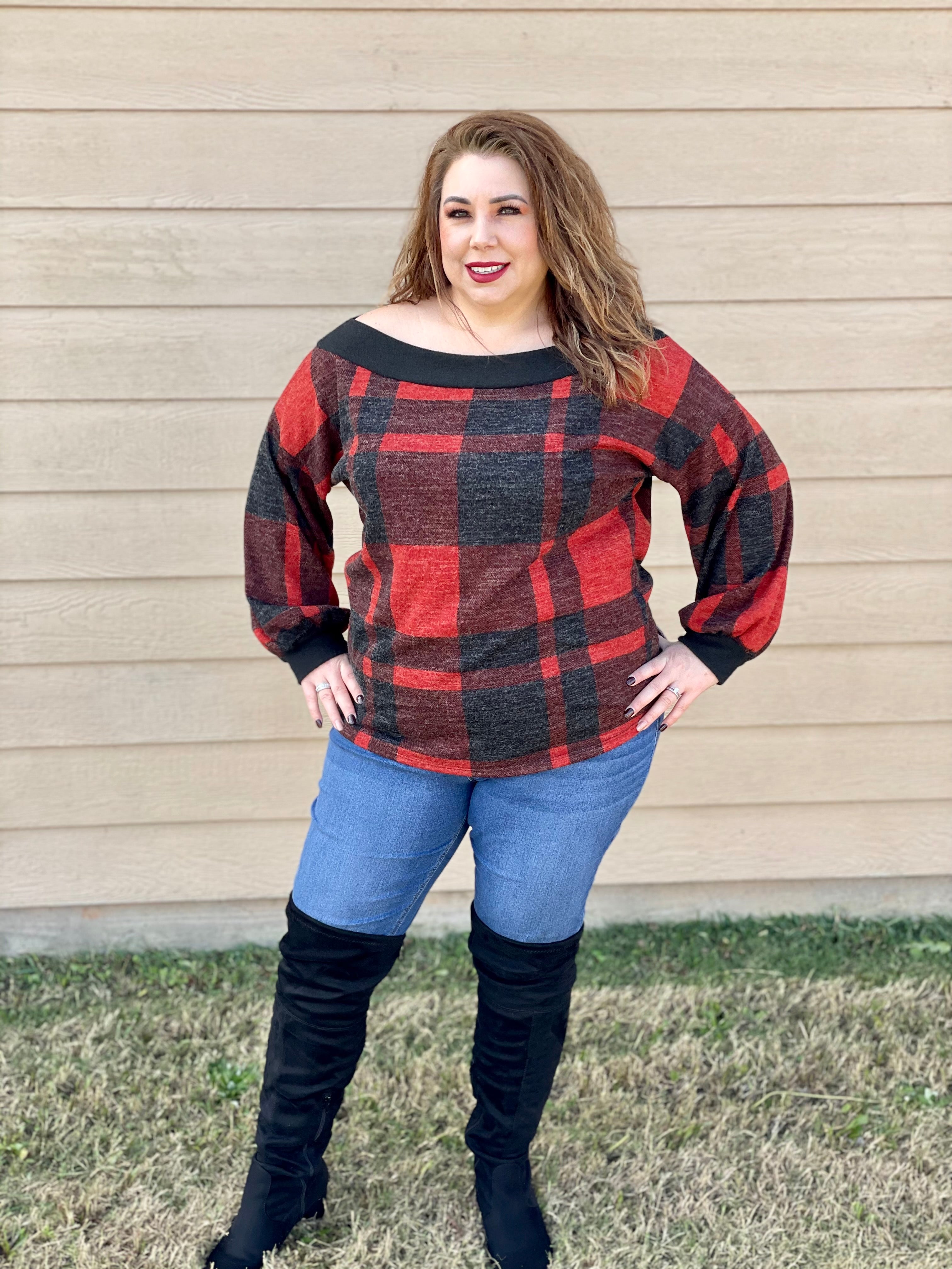 Plaid Boat Neck Top