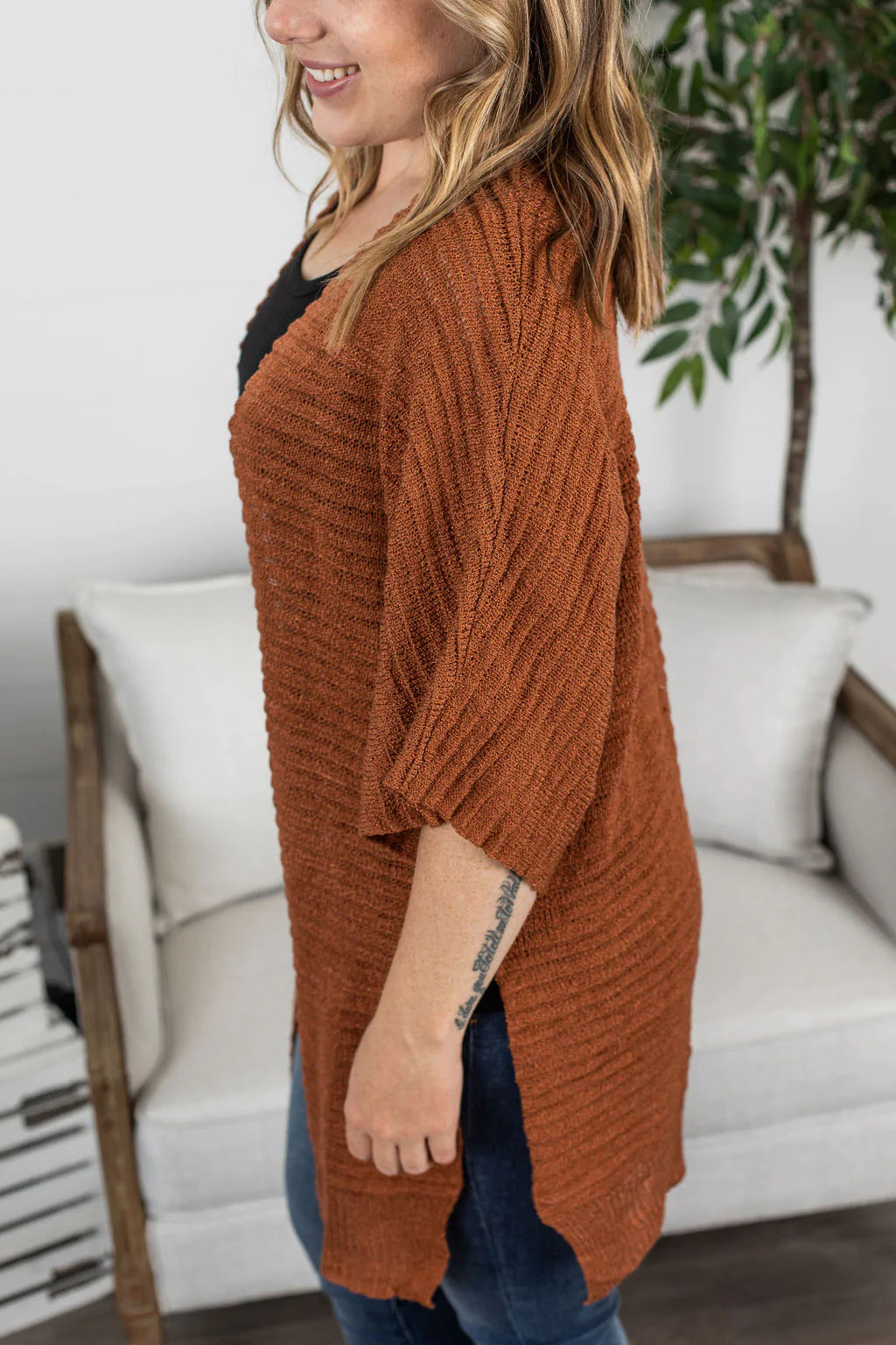 Side Slit Cardigan - Rust
