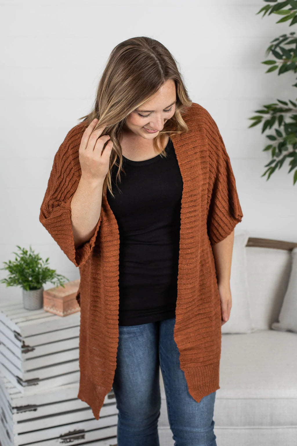 Side Slit Cardigan - Rust