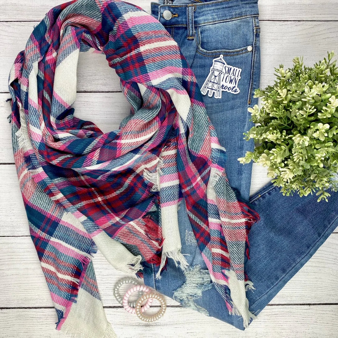 Plaid Blanket Scarf - Magenta Mix