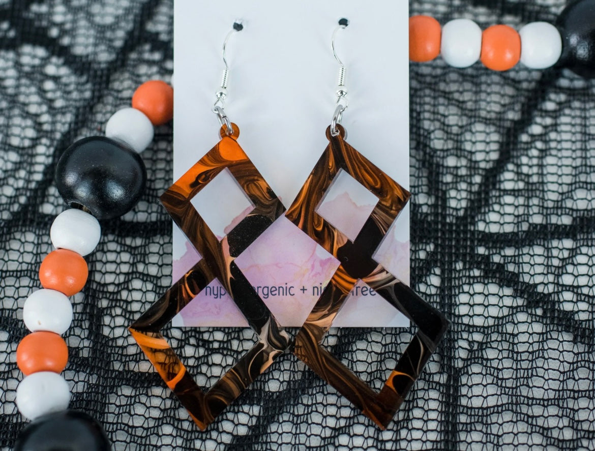 Black & Orange Cream Double Diamond Dangles