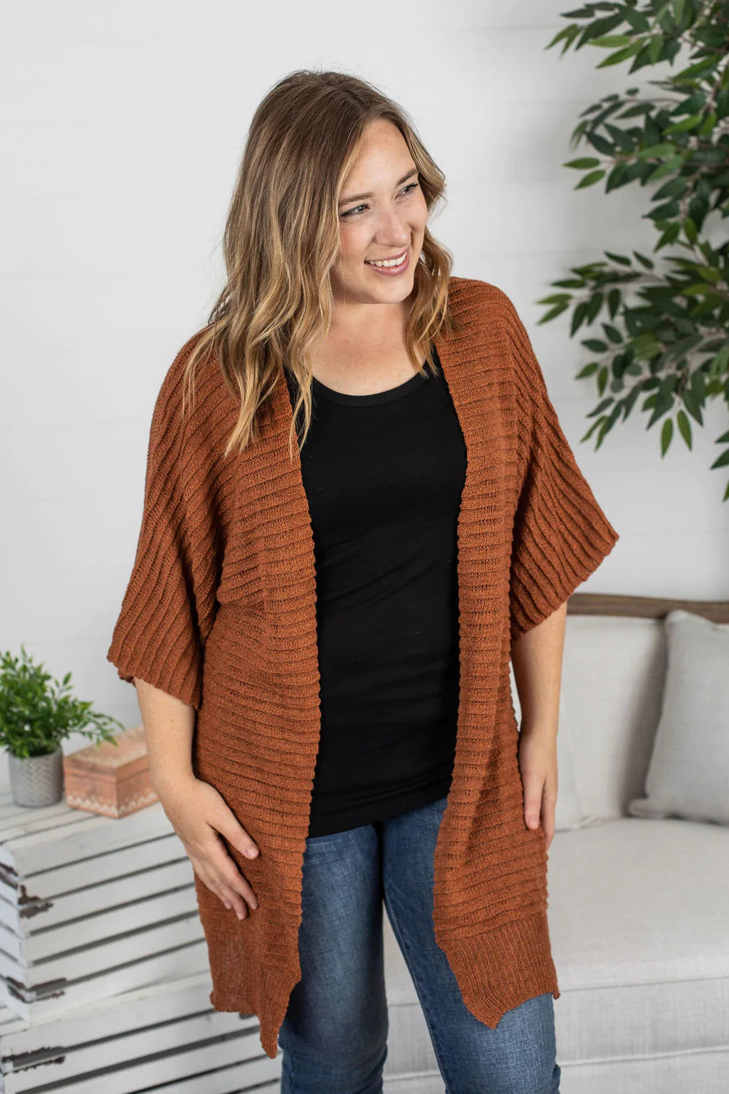Side Slit Cardigan - Rust