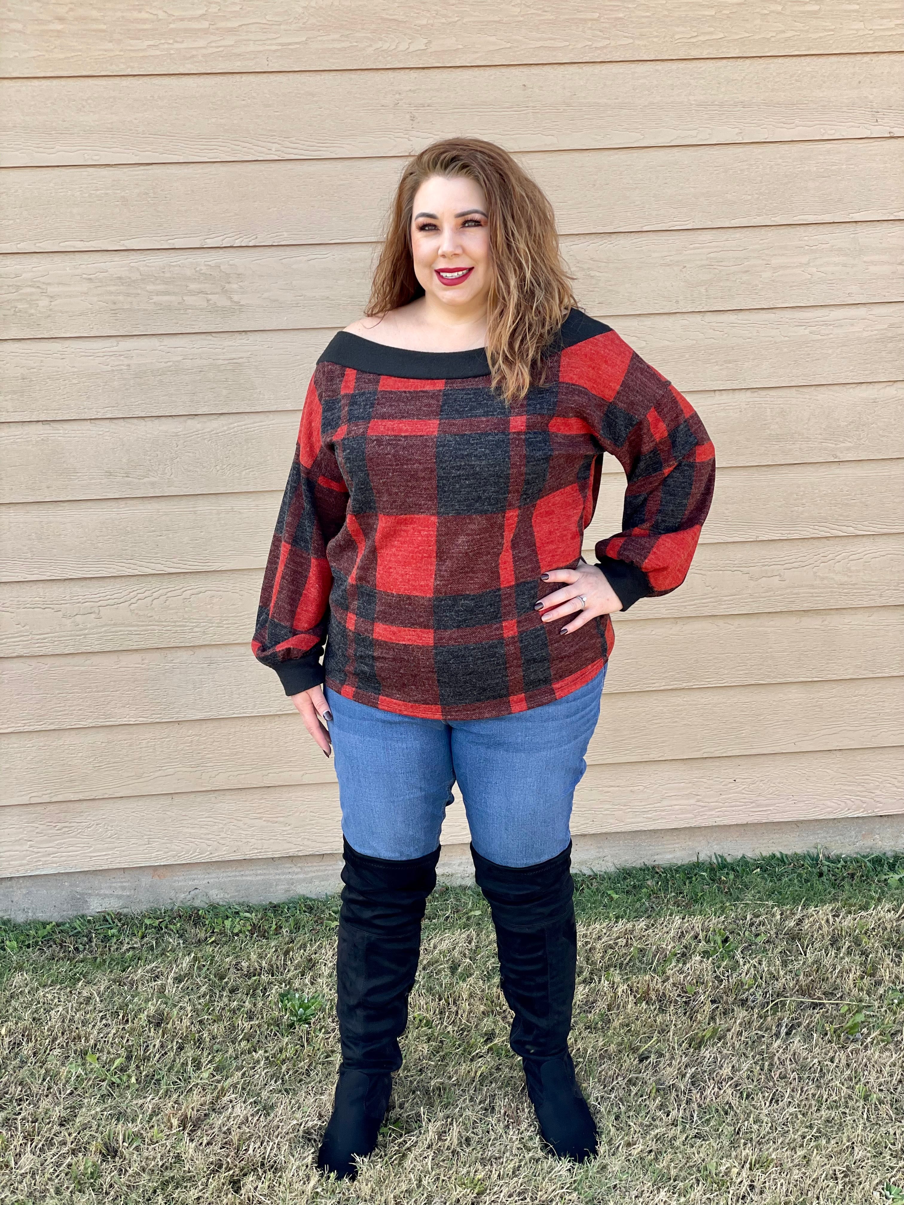 Plaid Boat Neck Top