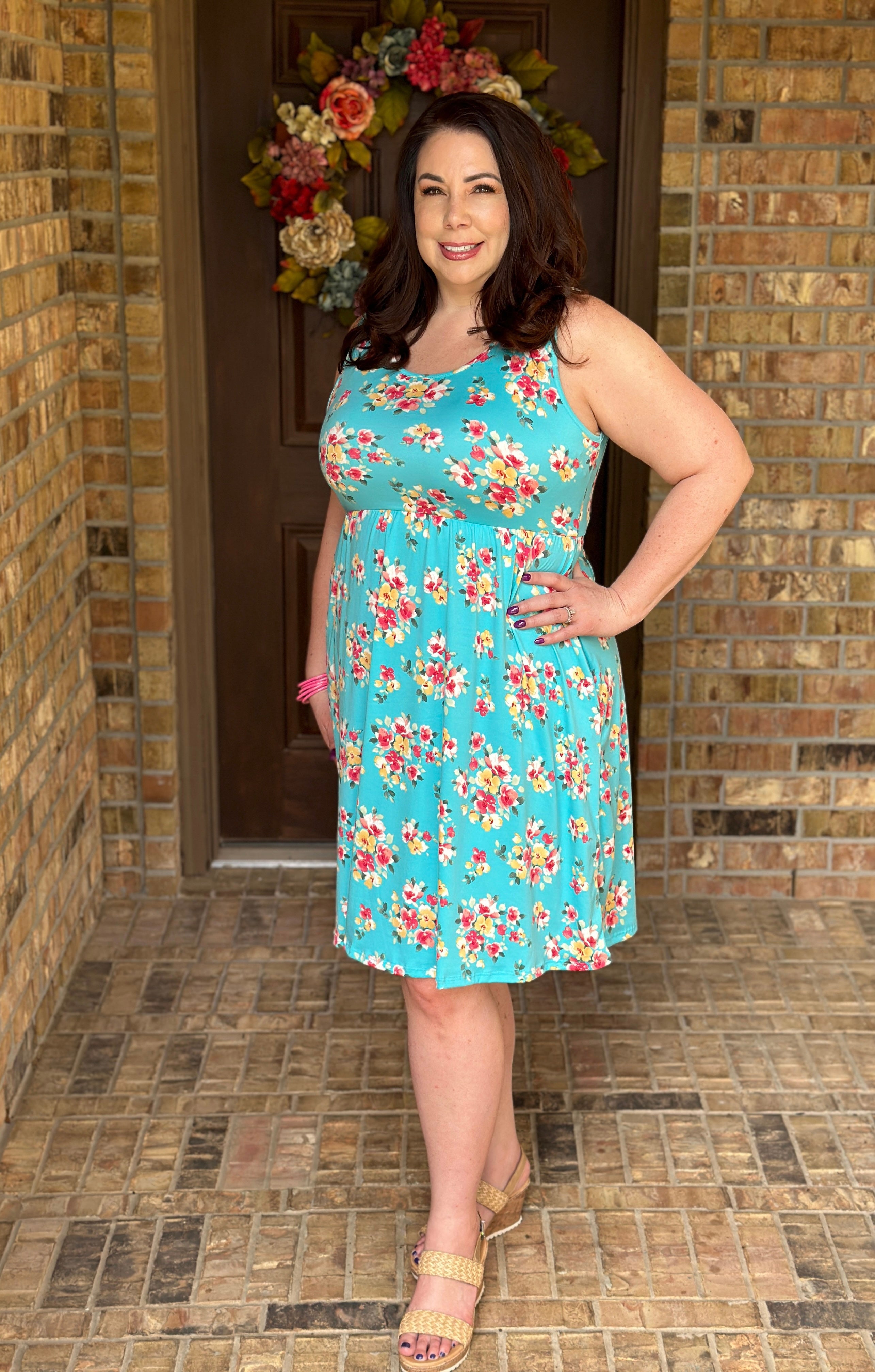 Kelsey Tank Dress - Aqua Floral Curvy Birdy Boutique Kelsey Tank Dress - Aqua Floral Curvy Birdy Boutique